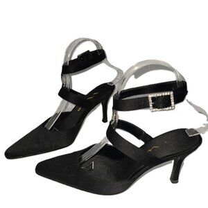 Nina Black Sateen Ankle Strap Heels W/Rhinestone Embellishment Women's Size 6.5
